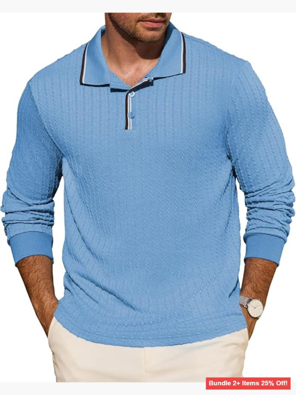 Men's Long Sleeve Knitted Polo Shirt Vintage Golf Pullover Lightweight Stretch